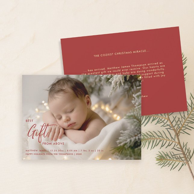 Julens bästa Galligrafi - Modern Baby-foto Meddelande (christmas family card baby announcement best gift calligraphy simple elegant modern red gold)
