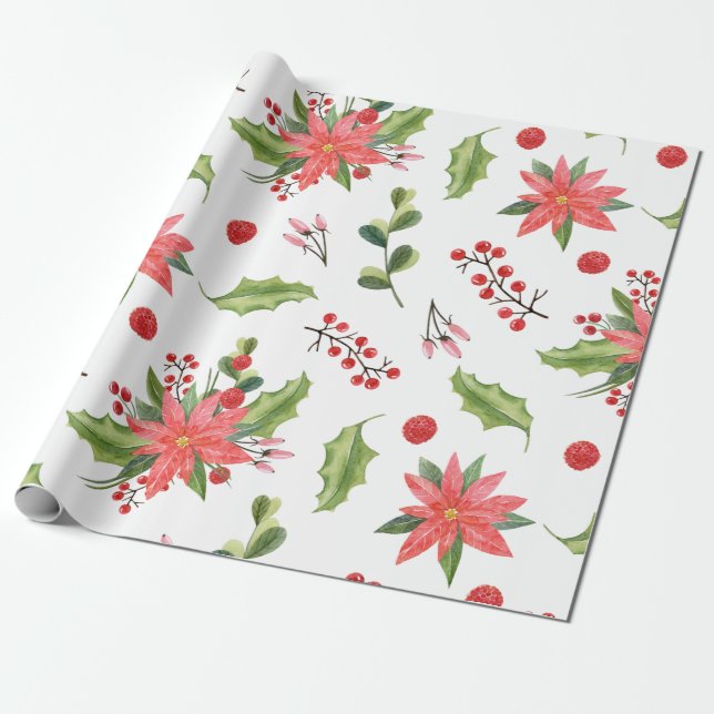 Julens Blommigt Berries Mönster Wrapping Papper Presentpapper (Utrullad)