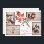 Julens Blommigt Bouquet Monogram Photo Collage Julkort<br><div class="desc">Ladda upp två foton från vågrät och två lodräna, lägg till din namnteckning, din familjs namn-monogram och datum och skicka denna vackra elegant och det traditionella platta julkortet för helgdag med en stor vattenfärgad bouquet i säsong med poinsettia, blåbär, löv och en pinekon i terracottrött, blått och blommigt gräs-paletten. Geometriskt...</div>