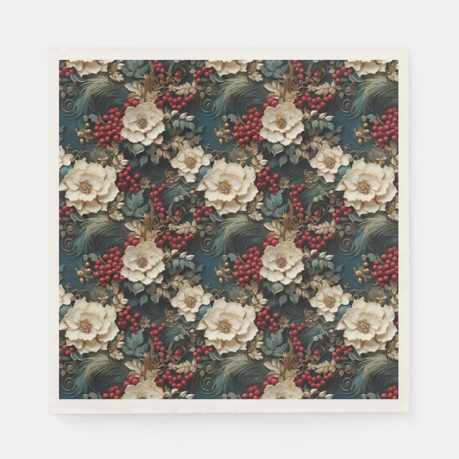 Julens Blommigt med White Flowers & Greenery Pappersservett (Framsidan)