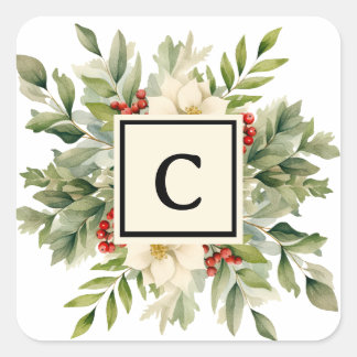 Julens Blommigt Monogram Brev Fyrkantigt Klistermärke