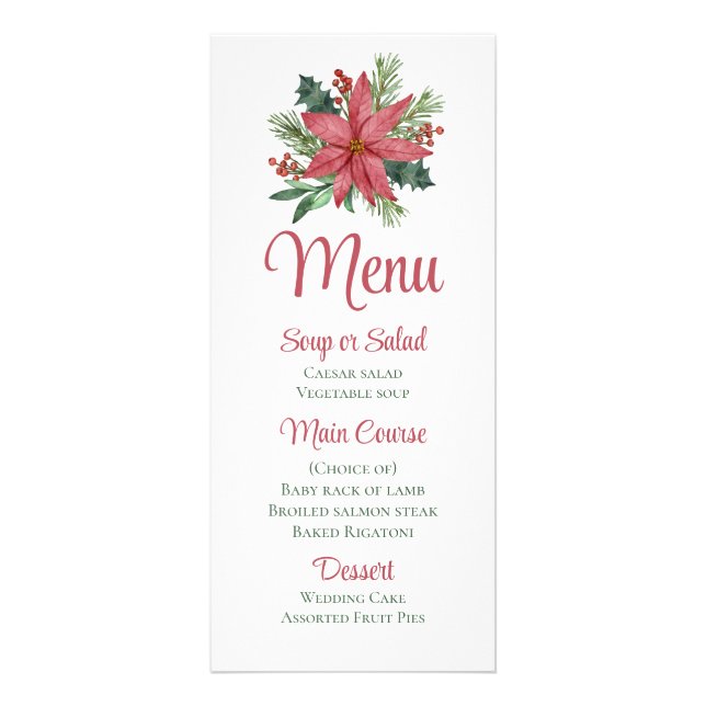 Julens Blommigt Poinsettia Winter Wedding Menu Reklamkort (Framsidan)