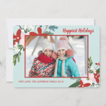 Julens Blommigt Red Aqua Helgdag Photo Card