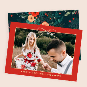Julens Blommigt Red Elegant Bow Photo Julkort