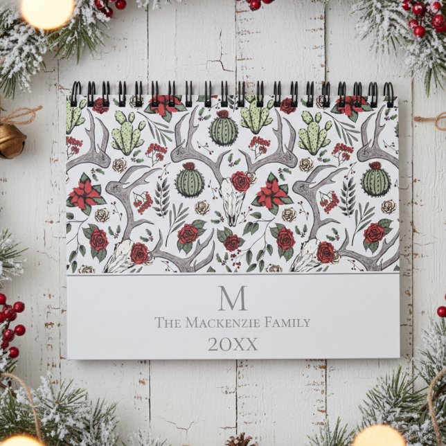 Julens Blommigt Reindeer Hjort Skull Ro Cactus Kalender (Elegant Rustic Floral Reindeer Skull, Red Roses & Poinsettia Vintage Country Christmas Calendars )