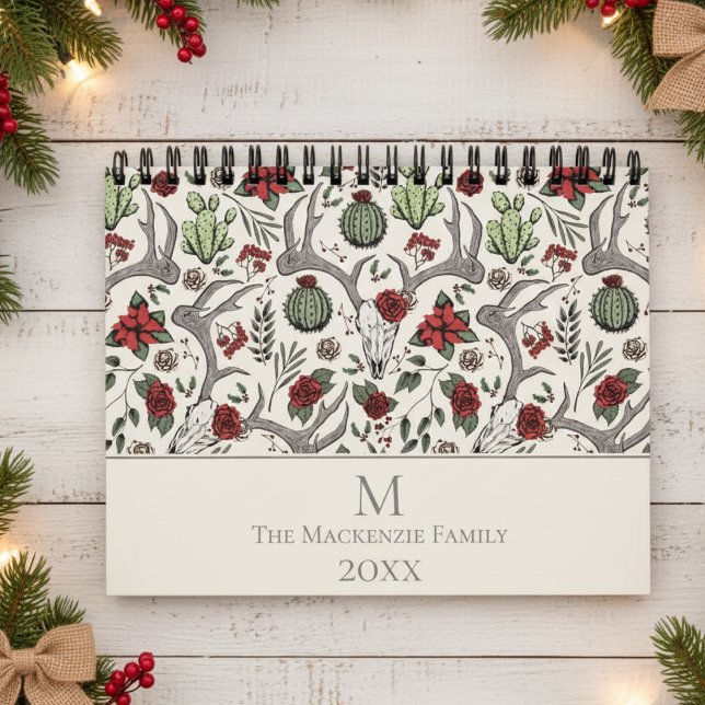 Julens Blommigt Reindeer Hjort Skull Ro Cactus Kalender (Elegant Rustic Floral Reindeer Skull, Red Roses & Poinsettia Vintage Country Christmas Calendars )