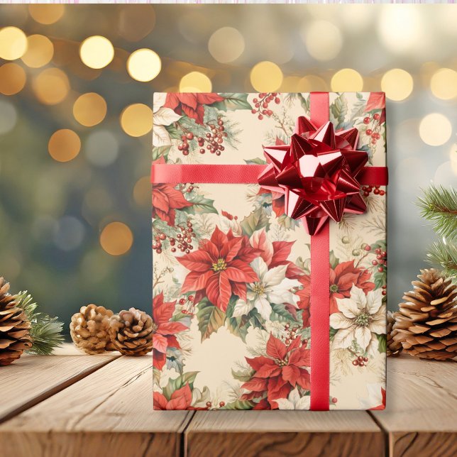 Julens Blommigt Vinter Large Poinsettias Cream Presentpapper (Christmas Floral Winter Large Poinsettias Cream Wrapping Paper)