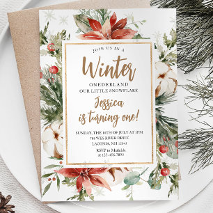 Julens Blommigt Winter Onederland Birthday Inbjudningar