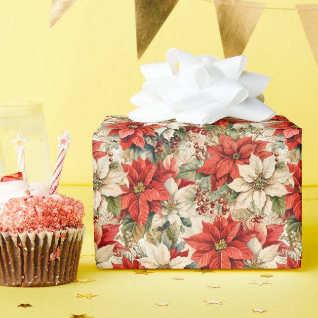 Julens Blommigt Winter Red and white Poinsettias Presentpapper (Födelsedagsfest)