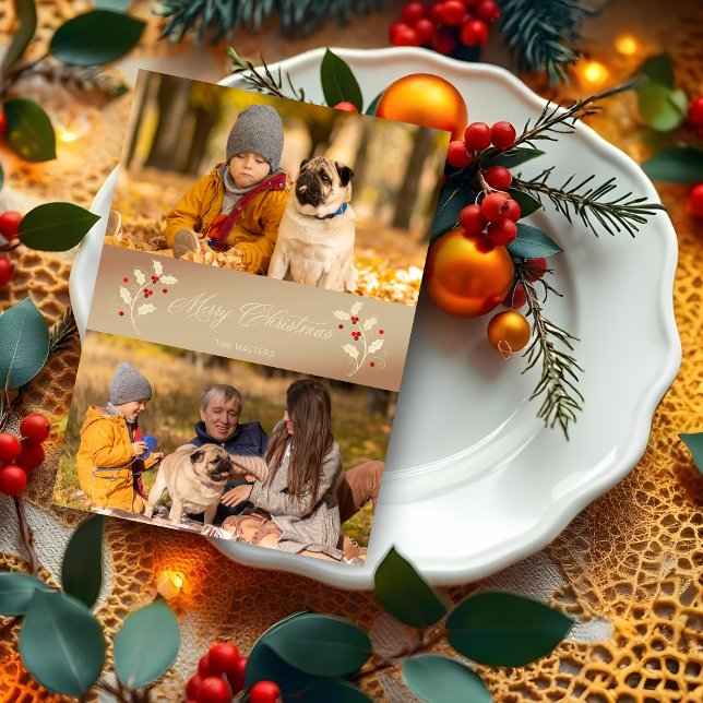 Julens botaniska holly Themat Photo Script (Christmas Botanical Holly Branches Themed 2 Photos Script Holidays Cards.)