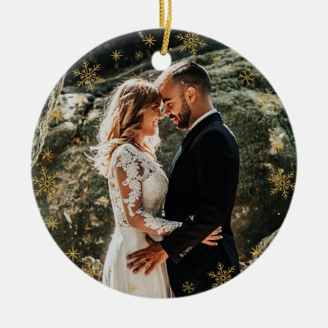 Julens elegant anpassningsbar Foto + Monogram på v Julgransprydnad Keramik (Framsidan)