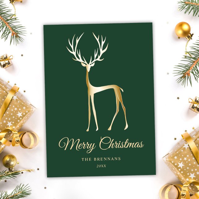 Julens Elegant Minimalistisk Grönt Guld rener Julkort (Christmas Elegant Minimalist Green Gold Reindeer Holiday Card)