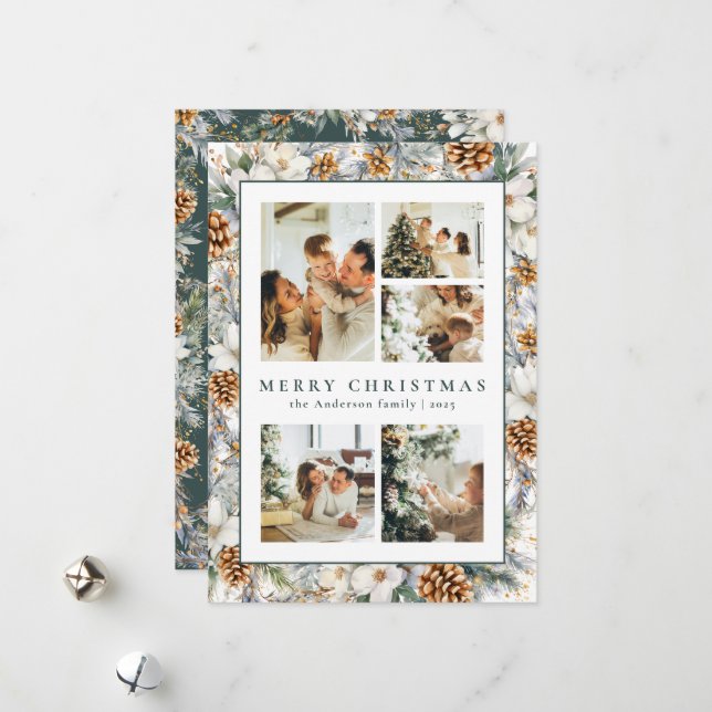 Julens Elegant Mörk grönt vattenfärg Botaniskt Julkort (Fram/Back In Situ)