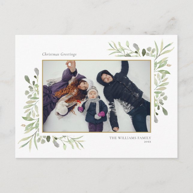 Julens Elegant Vattenfärg Greenery Blommigt Foto Helg Vykort (Framsida)