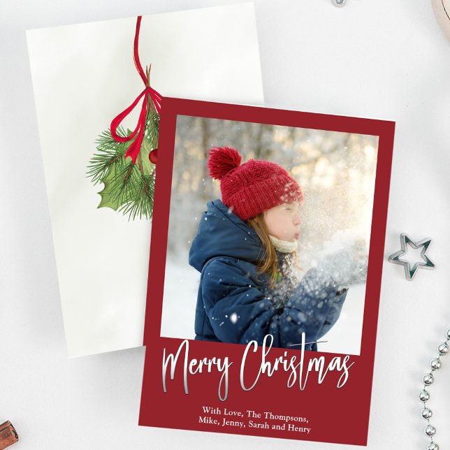 Julens Elegant Winter Greenery Holly Photo Julkort (Merry Christmas Holly red with Silver calligraphy script photo card. )