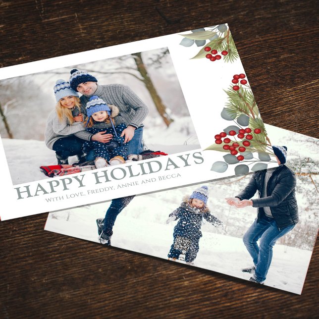 Julens Elegant Winter Holly Berries 2 Foto Julkort (Happy Holidays photo card with blue eucalyptus and winter greenery. )