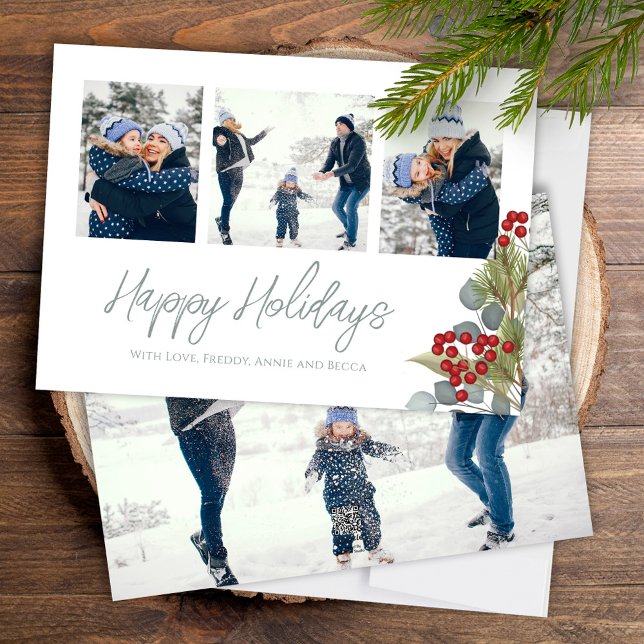 Julens Elegant Winter Holly Berries 4 Foto Julkort (Happy Holiday calligraphy script Christmas photo card with a four photo template. )