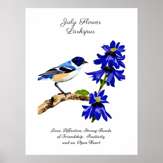Julens födelsemånad BlåFlower Bluebird and Larkspu Poster (Framsidan)