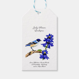 Julens födelsemånad BlåFlower Bluebird and Larkspu Presentetikett