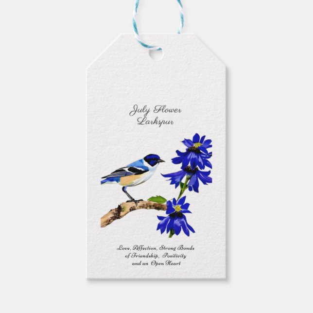 Julens födelsemånad BlåFlower Bluebird and Larkspu Presentetikett (Framsidan)