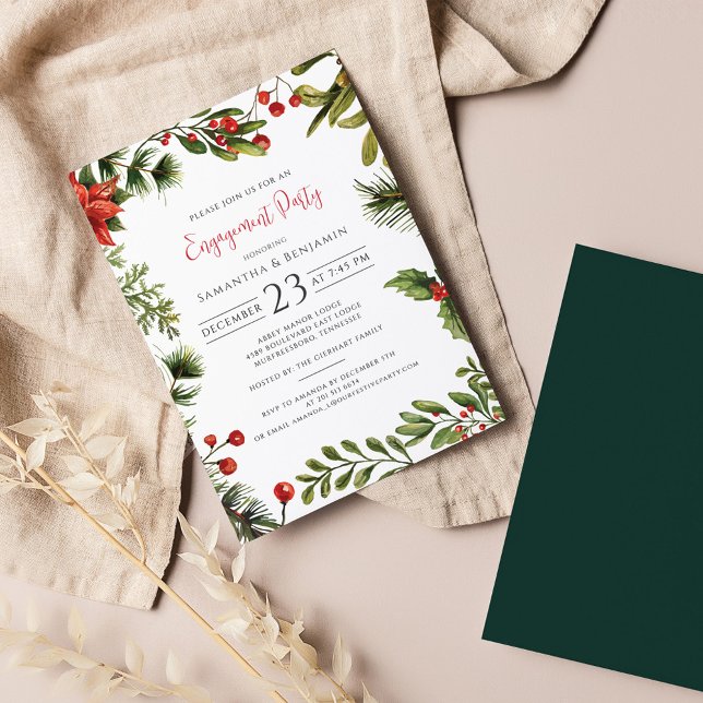 Julens Förlovningsfest Greenery Script Inbjudningar (Poinsettia Greenery Christmas Engagement Party Invitation)