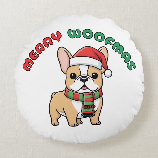 Julens Fransk Bulldog: Merry Woofmas Rund Kudde (Framsidan)