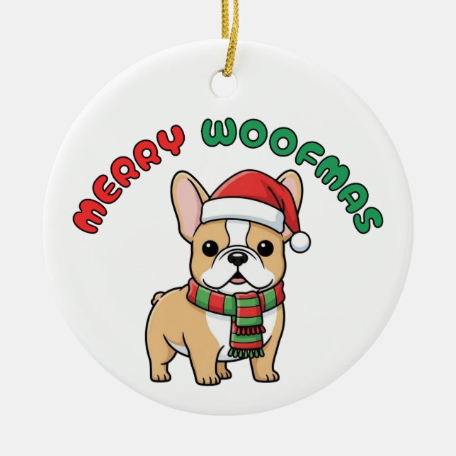 Julens Fransk Bulldog Ornament: Merry Woofmas Julgransprydnad Keramik (Framsidan)