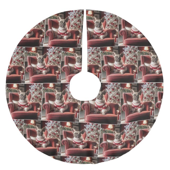 Julens Fransk Bulldog på en röd stol Julgransmatta Borstad Polyester (Framsidan)