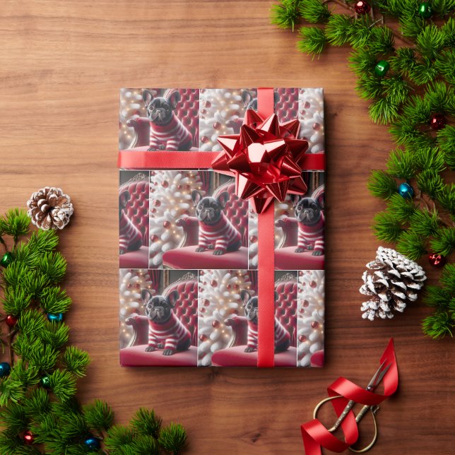 Julens Fransk Bulldog på rödstol Presentpapper (Julgåva)