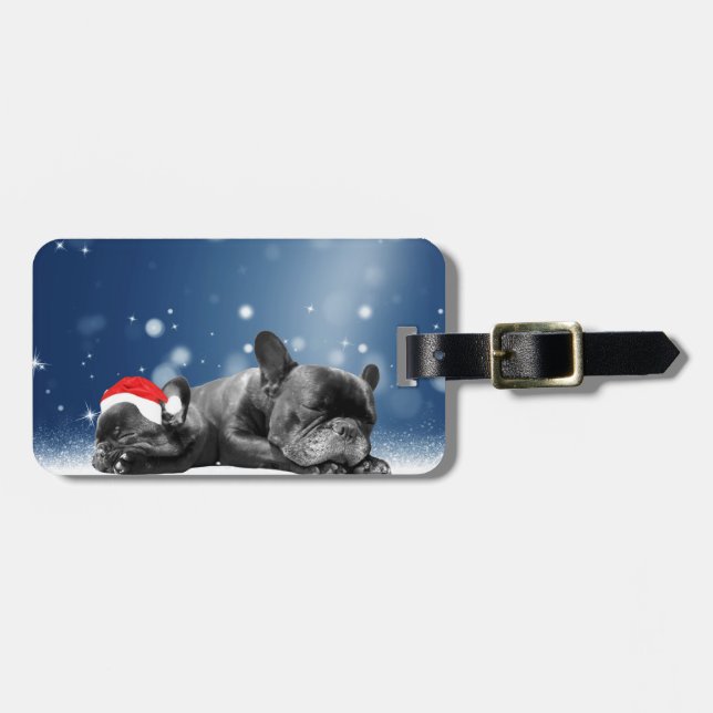 Julens Fransk Bulldog Puppies snö Tomhat Bagagebricka (Horisontell Framsida)