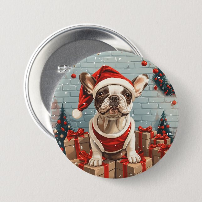 Julens Fransk Bulldog Santa Hund Knapp (Framsida & baksida)