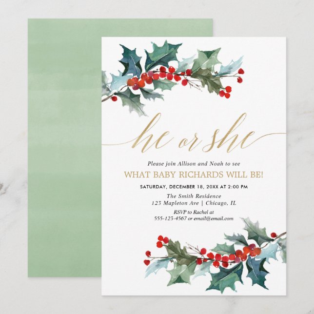 Julens Gender avslöjar den rödgröna blommigten gul Inbjudningar (Fram/baksida)