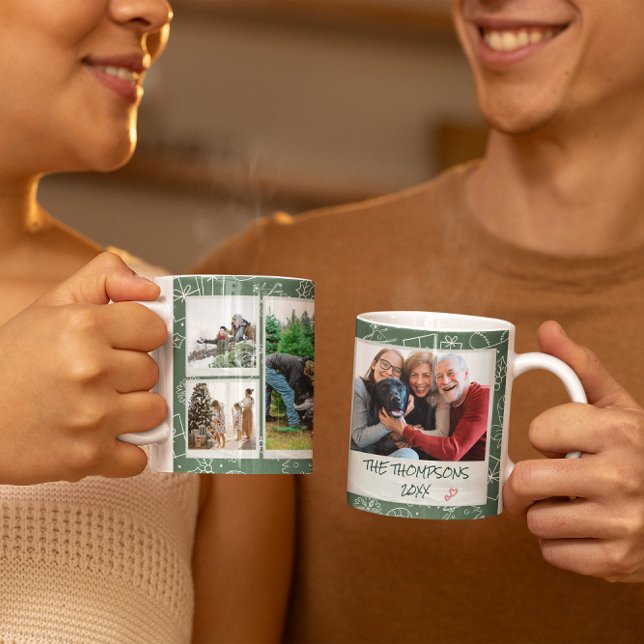 Julens Grönt Doodles Multi Photo Family Gift Kaffemugg (Skapare uppladdad)
