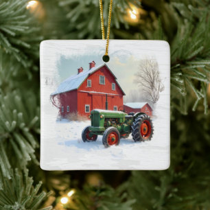 Julens Grönt Farm Tractor och Red Barn Julgransprydnad Keramik
