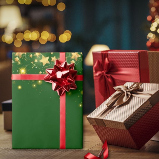 Julens grönt glansig Golden Stars Wrapping Papper Presentpapper (christmas green shiny stars Christmas wrapping paper is a great way to show your holiday spirit)