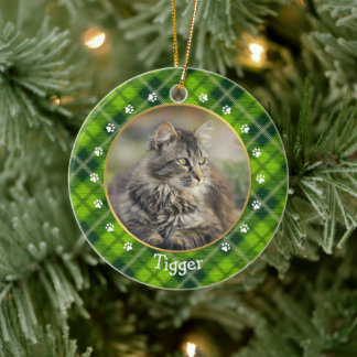 Julens Grönt Play Cat Photo Ram & Namn Julgransprydnad Keramik