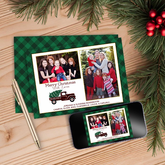 Julens Grönt Play Träd Red Lastbil Helgdag Photo Julkort (Christmas Green Plaid Tree Red Truck Holiday Photo Card)