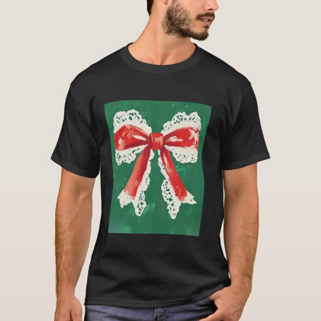 Julens Grönt Red and White Coquette Bow Design T Shirt (Framsida)