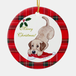 Julens Gult Labrador Puppy Santa Hat Julgransprydnad Keramik