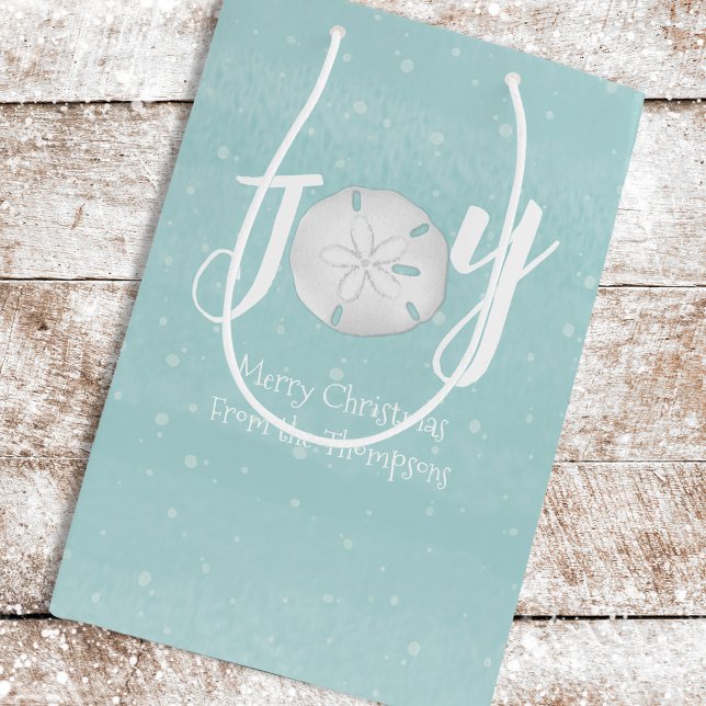 Julens Helgdag Elegant Beach Turcoise Coastal (Holiday Joy typography wine gift bag with a whimsical beach theme.)