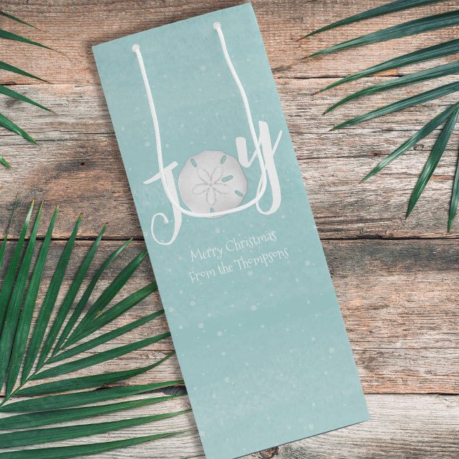 Julens Helgdag Elegant Beach Turcoise Coastal (Holiday Joy typography wine gift bag with a whimsical beach theme.)