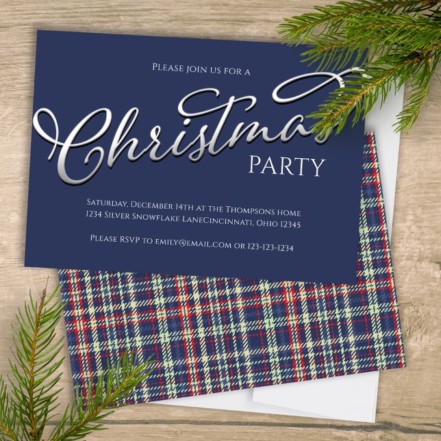 Julens Helgdag, enkel marin blåvexa Inbjudningar (Merry Christmas holiday festive navy blue plaid background with stylish calligraphy script. )