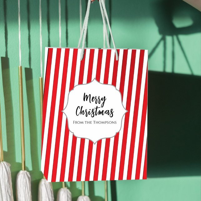Julens Helgdag, enkelt rödstrippat Festive (Simple Merry Christmas whimsical candy cane stripes custom gift bag.)