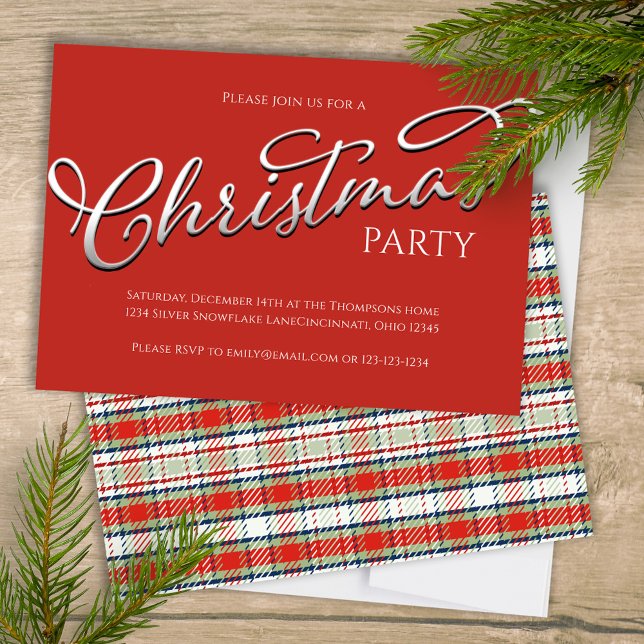 Julens Helgdag, enkelt rödvinter, Festive Play Inbjudningar (Merry Christmas holiday festive red plaid background with stylish calligraphy script. )