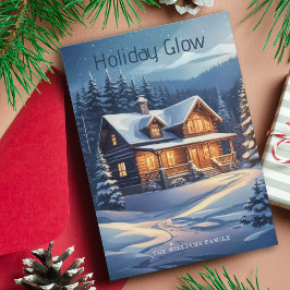 Julens Helgdag Glow Cabin Snowy Träd & Ljus Julkort