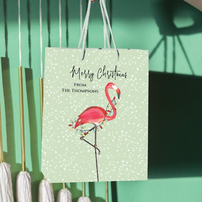 Julens Helgdag Grönt Rosa Flamingo Snö (Merry Christmas holiday gift bag with pink flamingo)