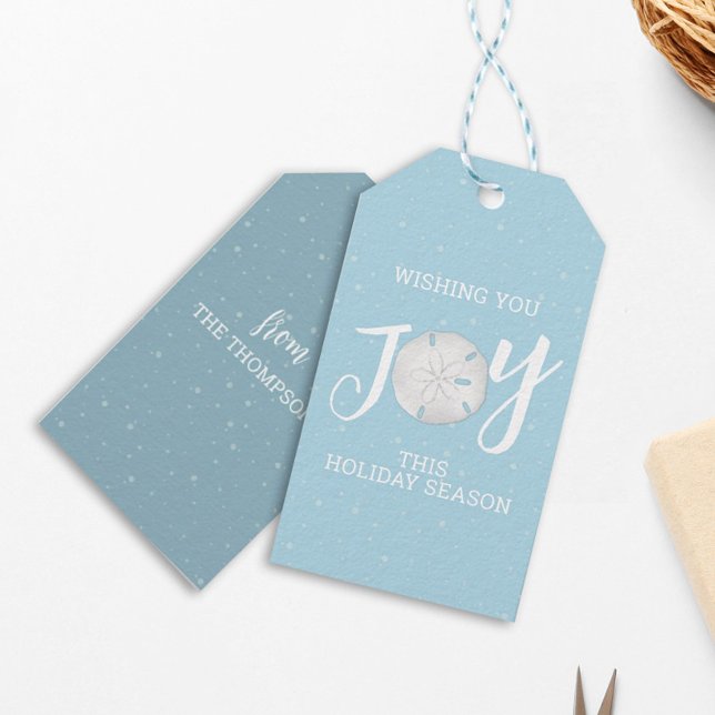 Julens Helgdag Joy Cute Typography Sand Dollar Presentetikett (Turquoise blue ocean sand dollar JOY typography gift tag)