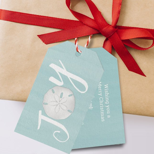 Julens Helgdag Joy Cute Typography Sand Dollar Presentetikett (Turquoise blue ocean sand dollar JOY typography gift tag)
