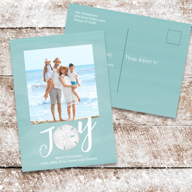 Julens Helgdag Joy Photo Simple Beach Budget Helg Vykort (Christmas Holiday Joy Typography Sand Dollar Beach Photo Postcard)