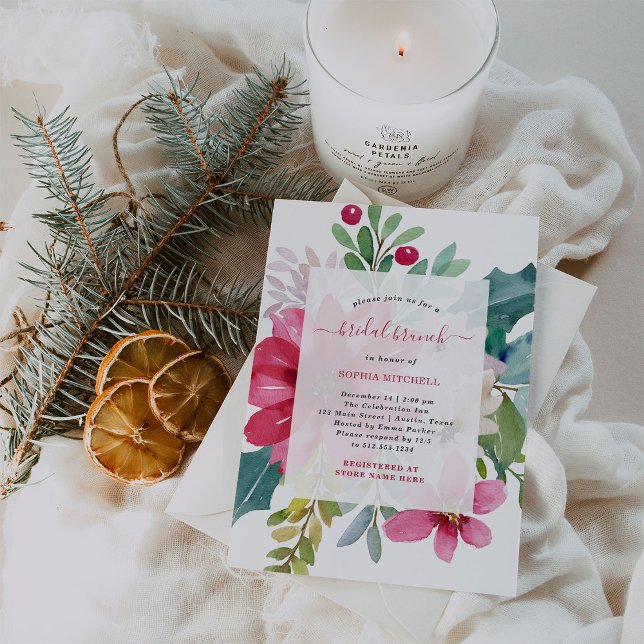 Julens Helgdag Möhippa Brunch | Bright-Blommigt Inbjudningar (A stylish and festive bridal shower brunch invitation for Christmas season weddings)